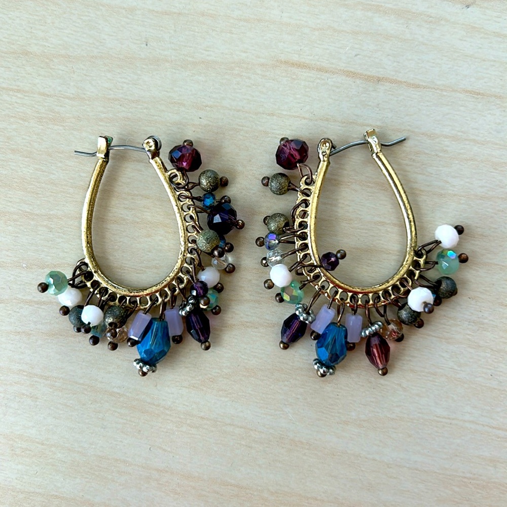 Gold, Blue and Purple Beaded Drop Earrings